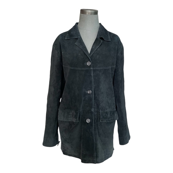 Vintage Women Jacket Jessica Holbrook Black Suede Leather ButtonUp Blazer Jacket